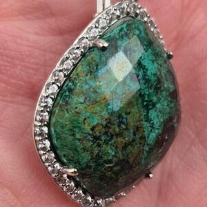 Sterling Silver Green Turquoise Pendant Necklace Removable Paper Clip 20" Signed